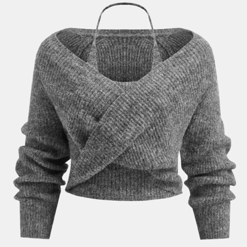 NWT WOOL BLEND CROSSOVER HALTER KNIT TOP TWO-in-ONE PIECE SET IN GREY SZ M